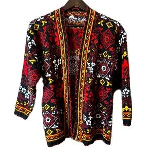 Vintage Acrylic Floral Diamond Boho Aztec Cottage-core Open Cardigan Size Medium